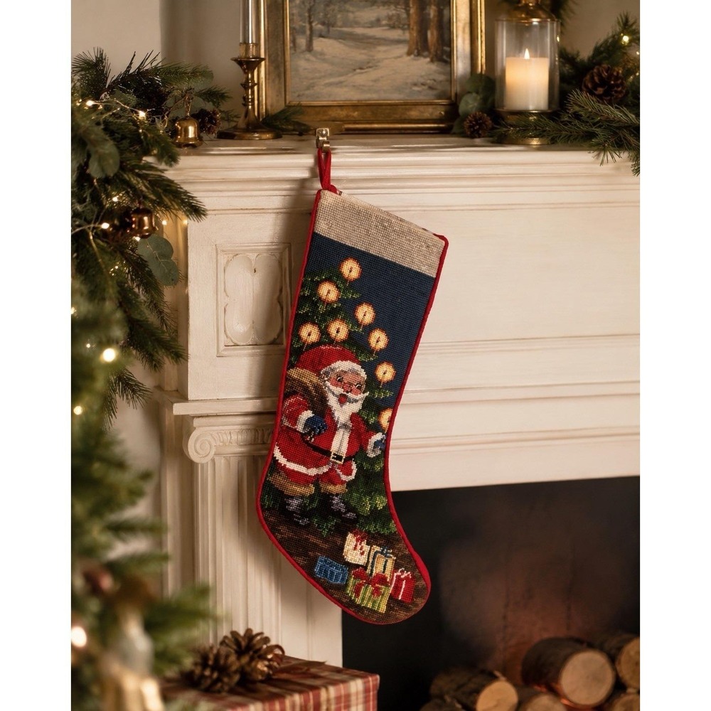 Vintage SFERRA Needlepoint Christmas Stocking- Santa Candles Presents Red Back
